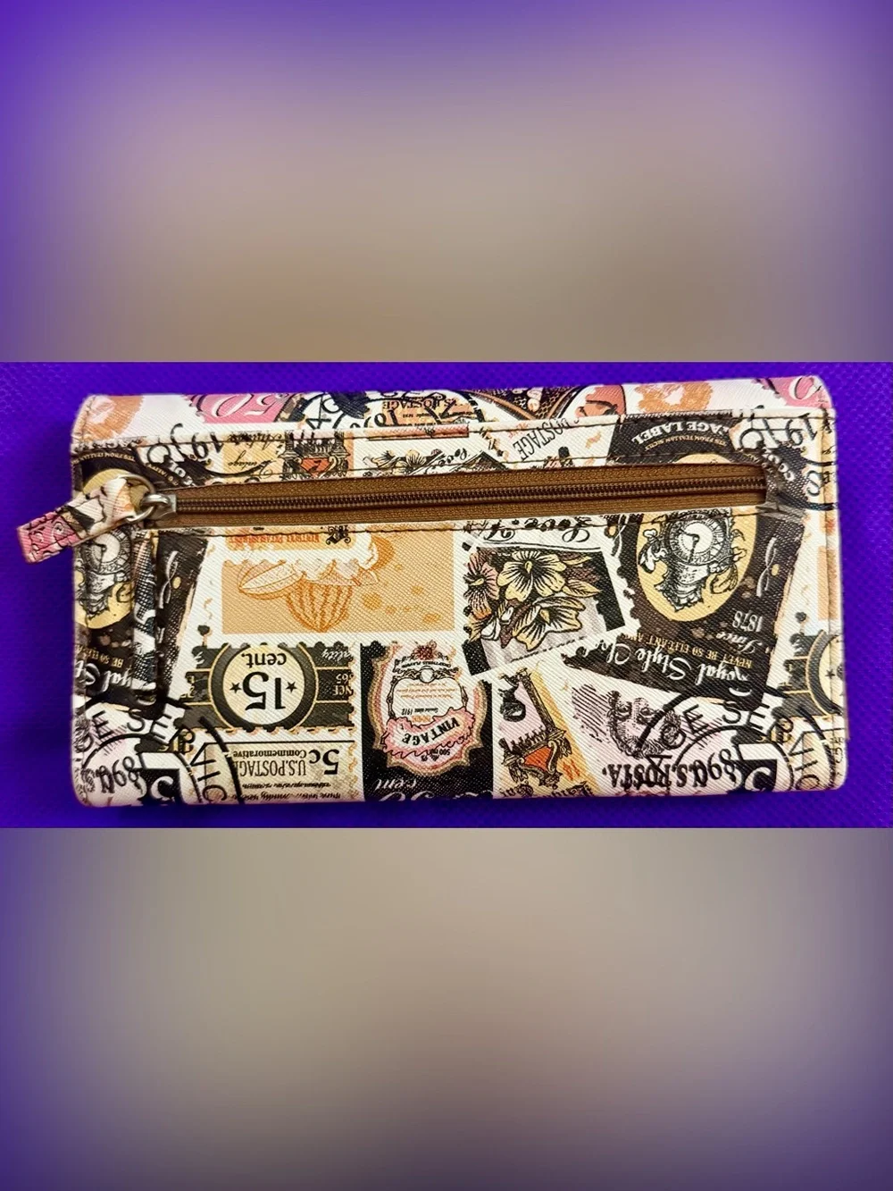 Printed Travel-Stamp Women’s Wallet in Pink and Brown